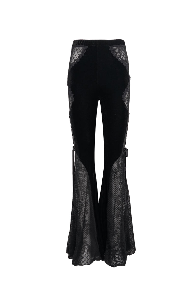 Velvet Jacquard Lace-Up Flared Gothic Trousers with Plaid Accents