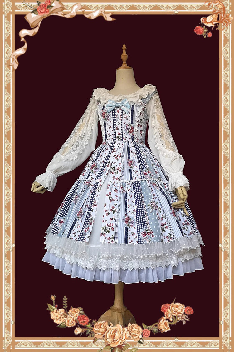 Light Blue Sweet Lolita Dress with Strawberry Plaid Print and Bowknot
