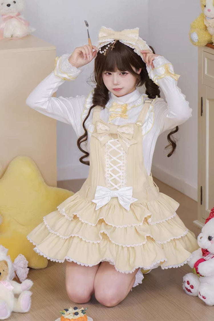 Yellow Nostalgic Showa Custard Cream Puff Sleeveless Triple-Layered Ruffled Bow Lace-Up Tiered Cake Sweet Jsk Dress