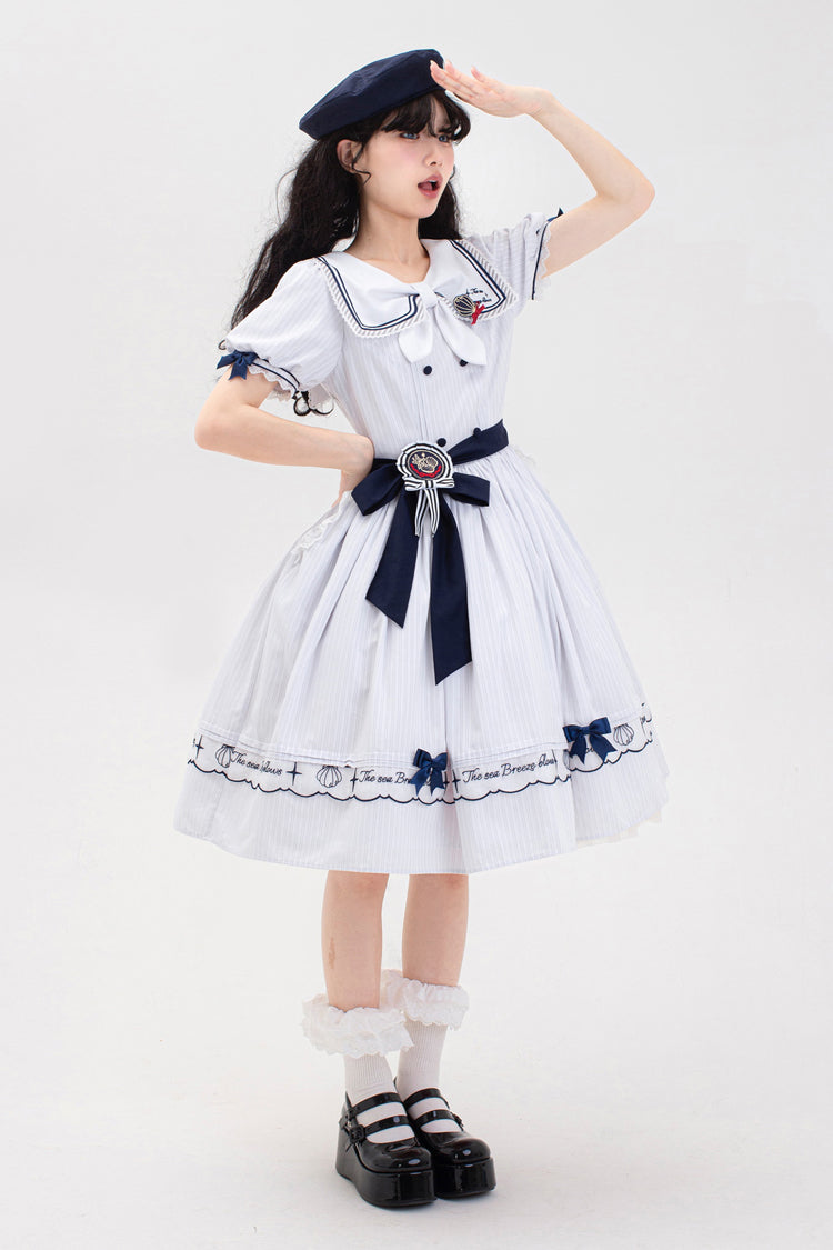 Navy Stripe Short Sleeve Ruffled Embroidery Sweet Lolita Dress