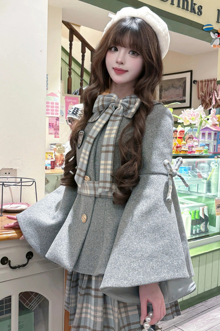 Trumpet-Sleeve Ruffled Bow Elegant Skirt Coat in 2 Colors - Chestnut Sea Salt