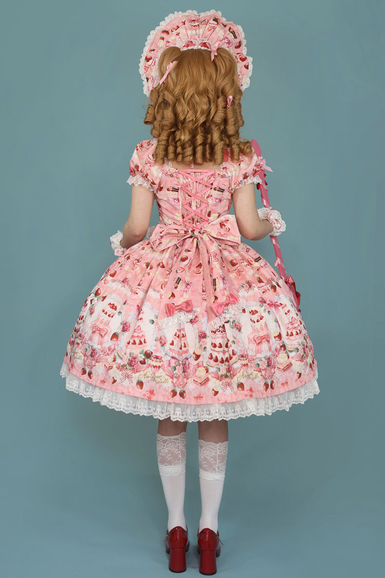 Strawberry Cake Bouquet Print Square Collar Short Sleeve Bow Lace Sweet Lolita Dress - 3 Colors