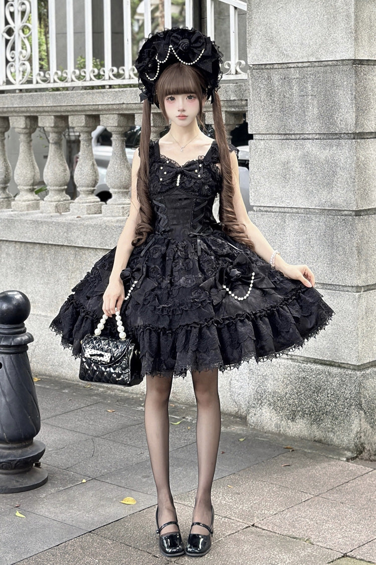 Onyx Sleeveless Ruffle Bow Lace Corset Gothic Ballet Jumper Dress - Rose Princess