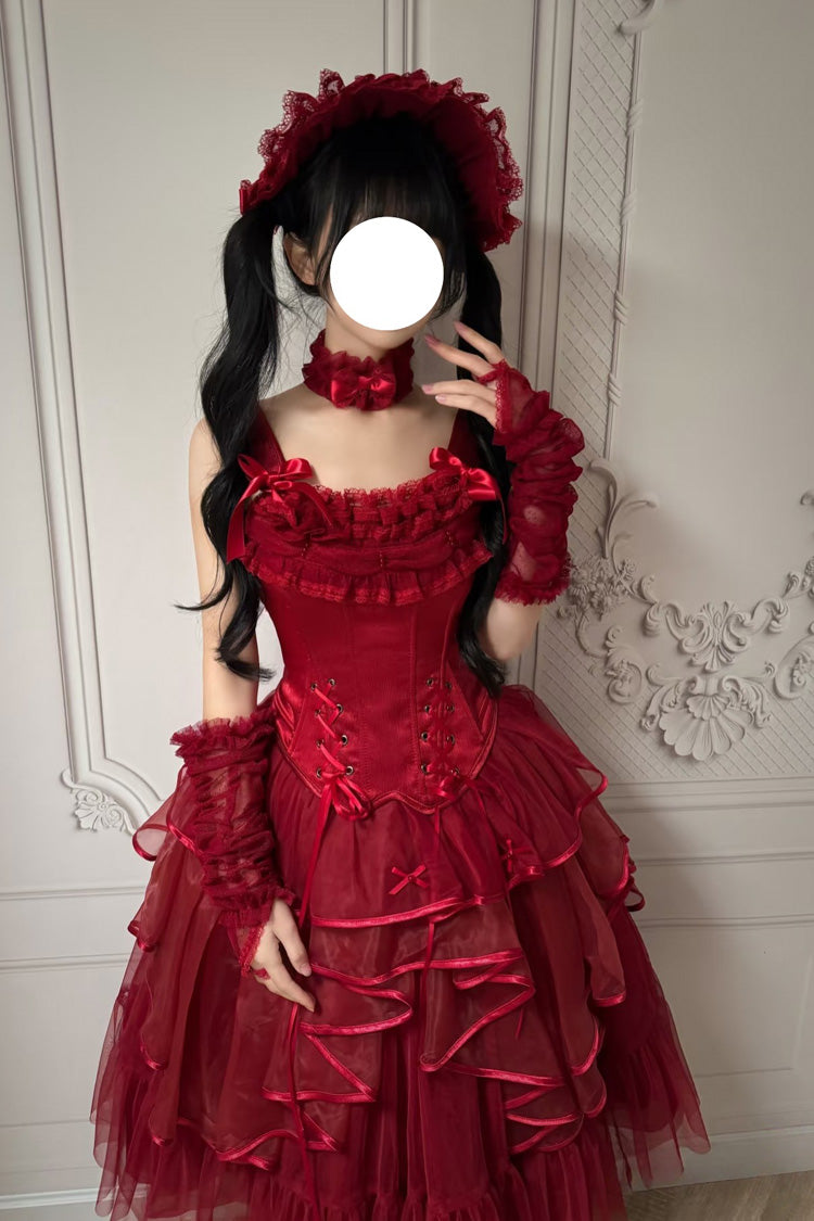 Scarlet The Summer Waves Sparkle Square Neck Sleeveless Multi-Layered Ruffled Bow Laced Slim Lolita Skirt Set