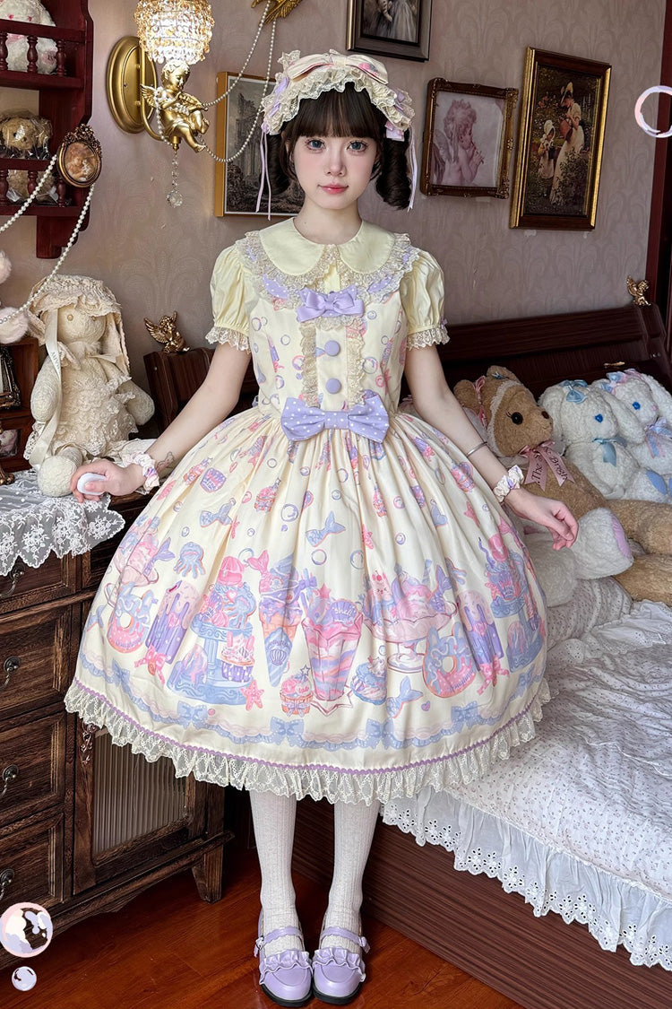 Mermaid Print Bowknot Lace JSK Dress - Cream Soda Yellow