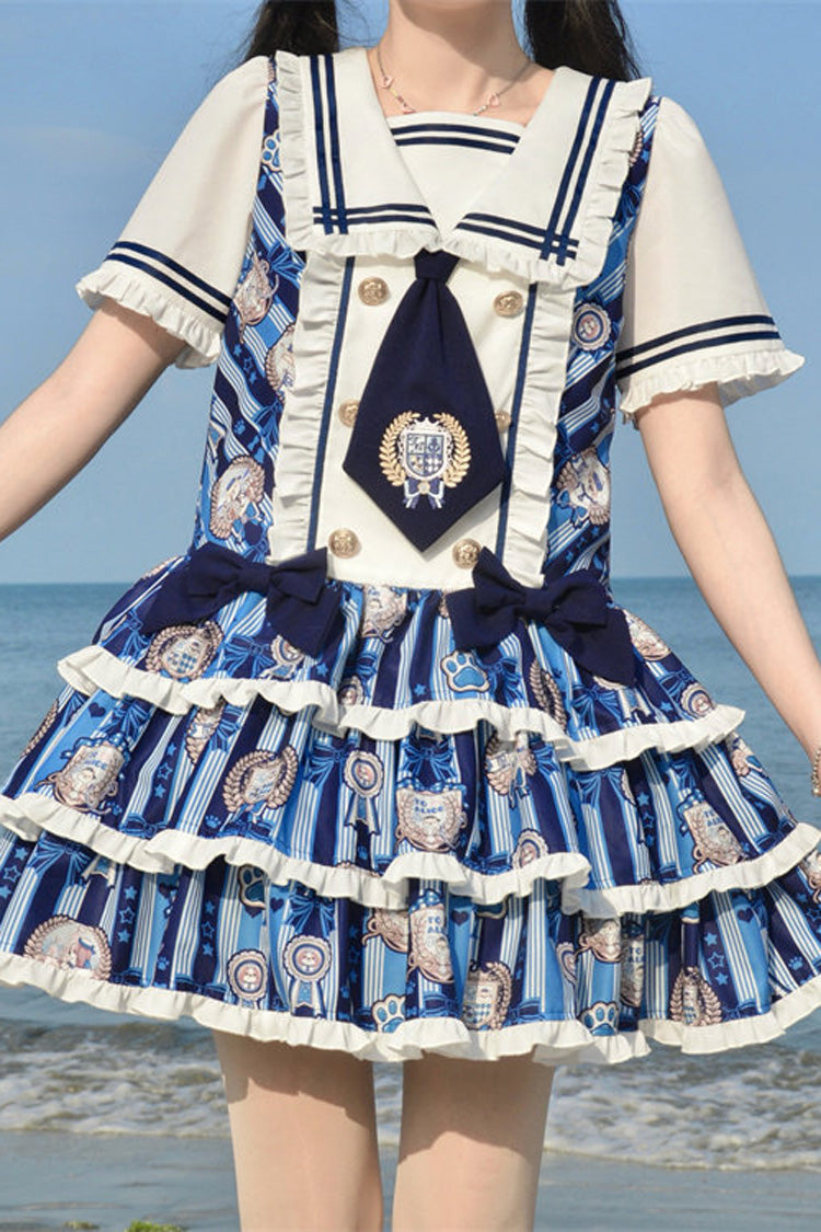 Blue Glory of the Dog Navy Collar Short Sleeves Low Waisted Triple-Layered Printed Ruffled Bow Sweet Dress