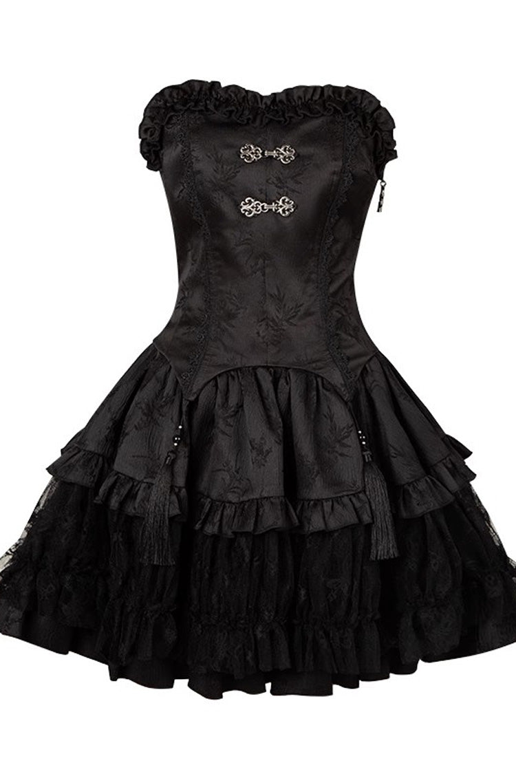 Gothic Chinese Lolita Skirt with Bamboo Leaves Print, Ruffles and Lace