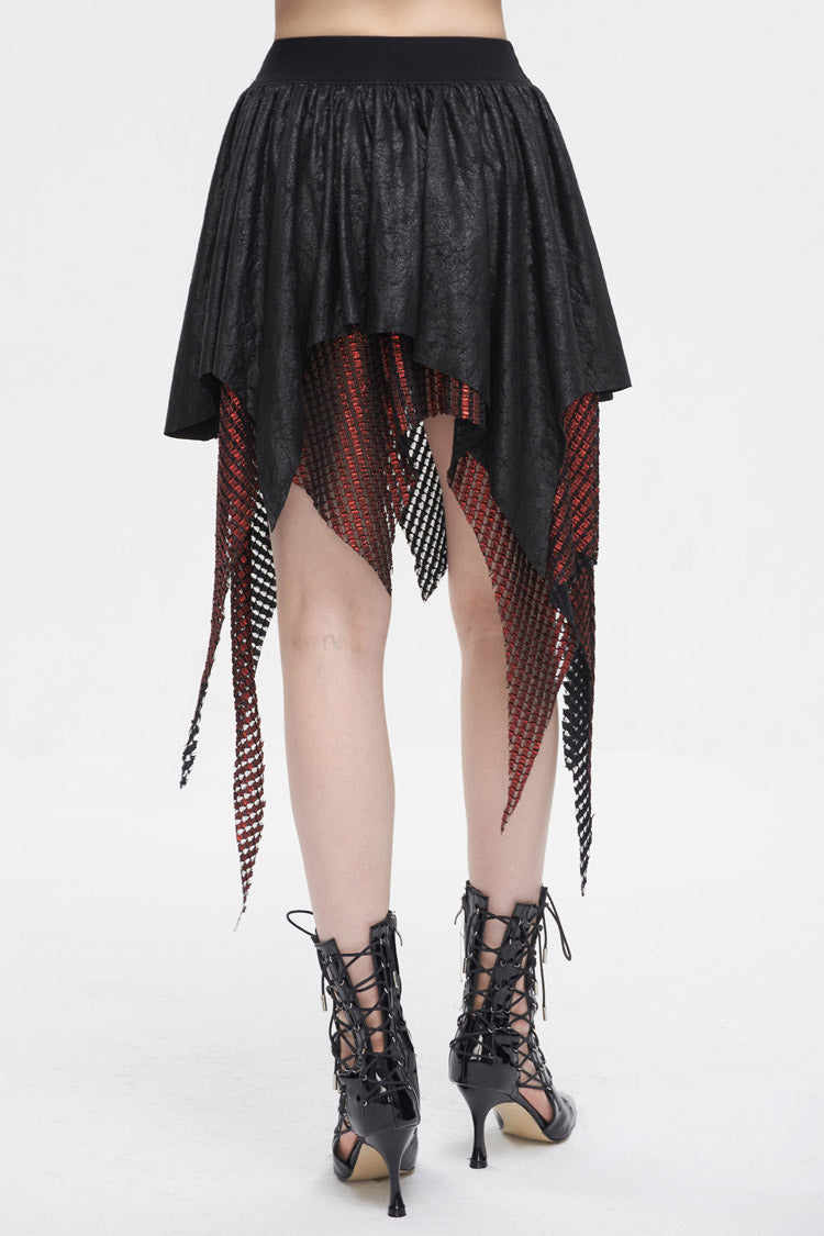 Crimson Noir Asymmetrical Mesh Patch Buckled Women's Gothic Skirt