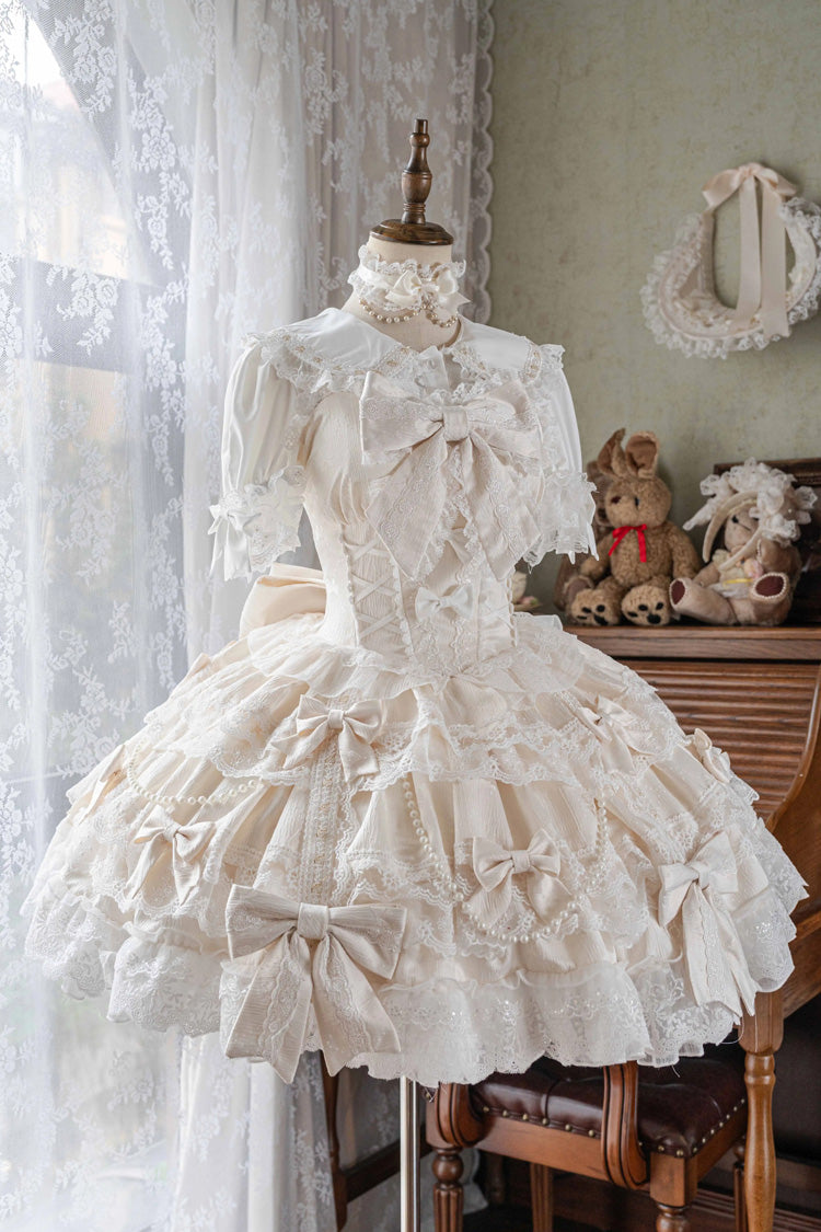 Small Cakes Sleeveless Multi-Layered Ruffled Bow Lace Sweet Lolita JSK Dress - Ivory