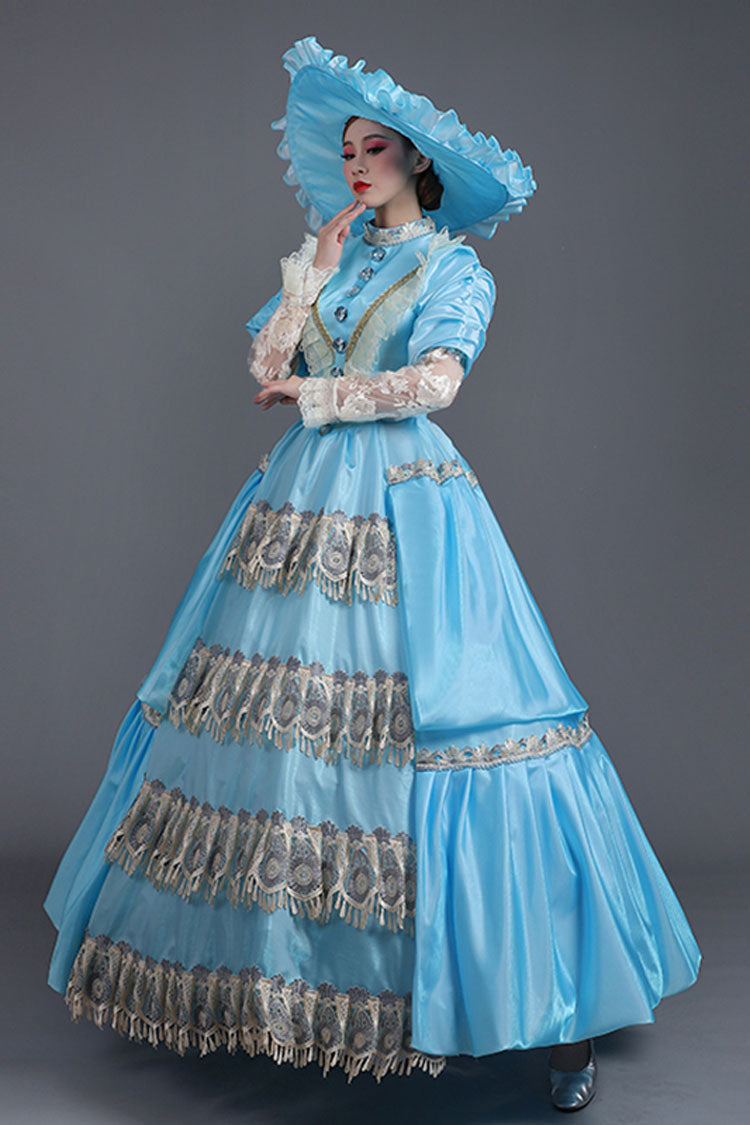 Blue Victorian Lace Dress with Floral Embroidery - Altfashion Shop