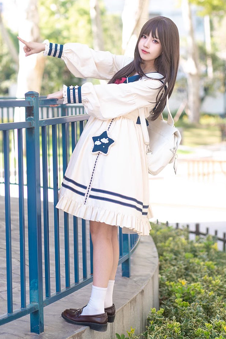Navy Bowknot Ruffle Long Sleeve Lolita Dress