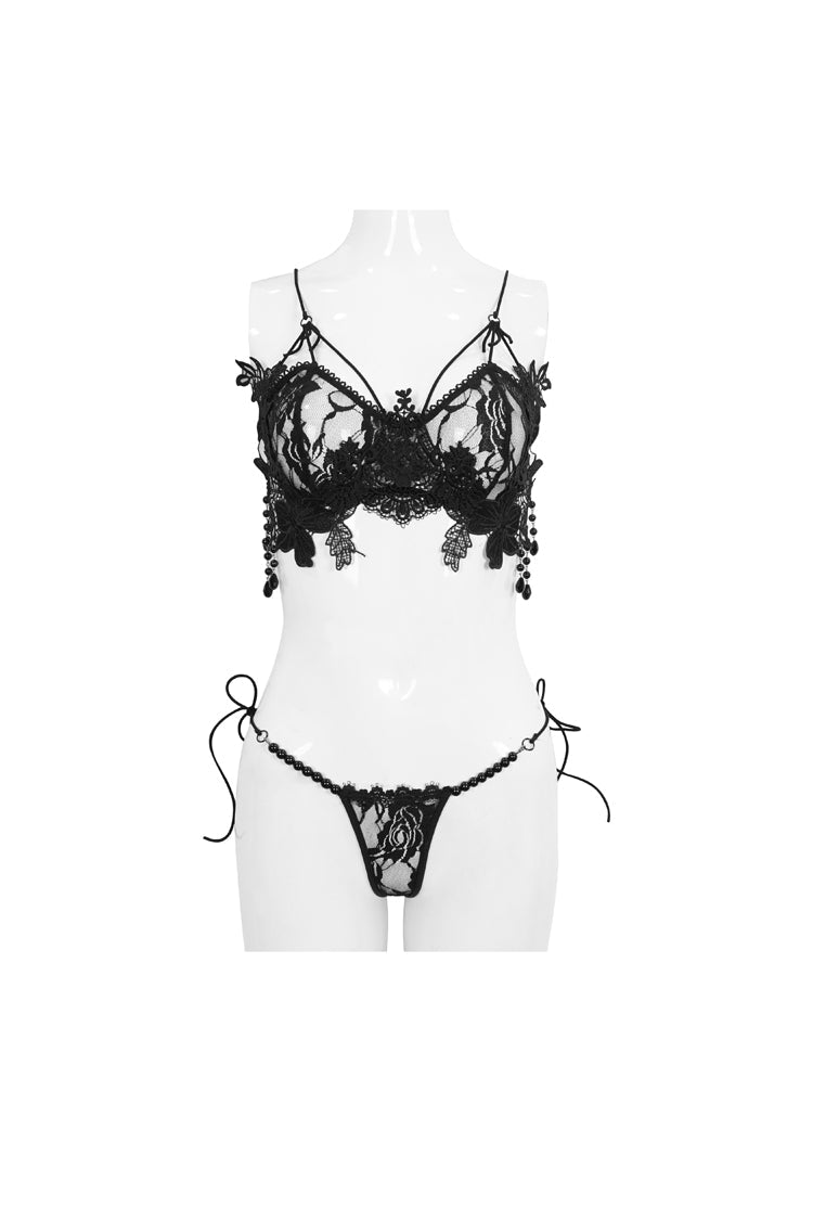 Pearl-Decorated Lace-Up Gothic Corset Set with 3D Lace