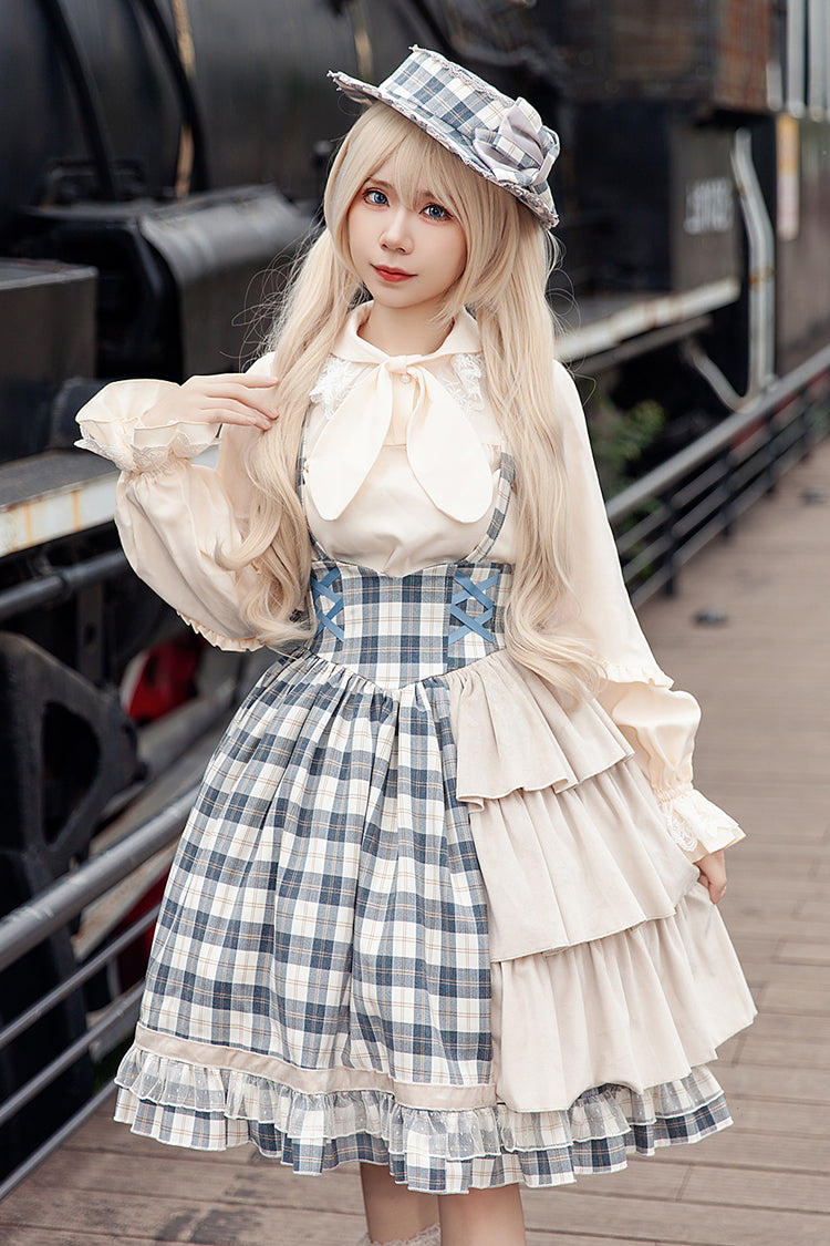 Sweet Lolita Strap Dress with Asymmetric Ruffle, High Waist, Grey/Blue Morning Tune