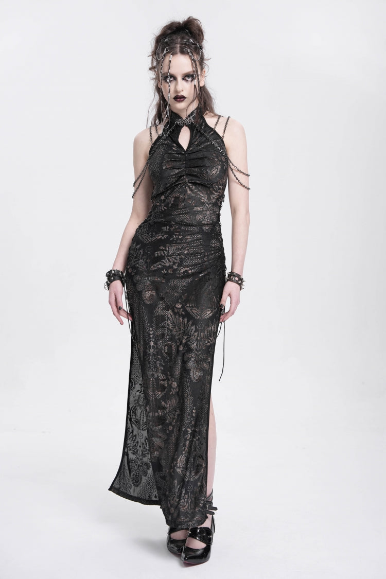 Jet Off-Shoulder Halterneck Sleeveless Side Slit Gothic Dress