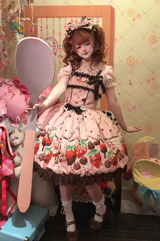 Sleeveless Printed Ruffled Embroidered Bow Lace Sweet Lolita Jsk Dress - Strawberry Chocolate Lover