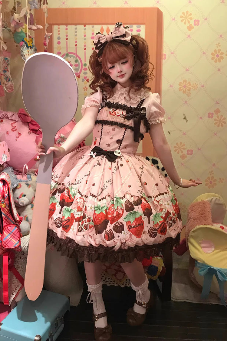 Blush Sleeveless Embroidered Bow Lace Lolita JSK - Strawberry Chocolate Lover