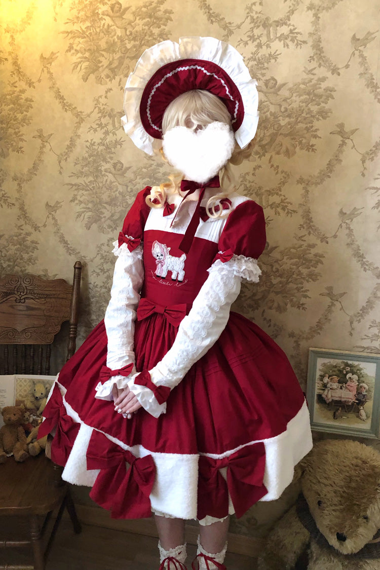 Crimson Shepherd Girl's Poem Doll Neck Short Sleeve Ruffled Bow Sweet Lolita Gown
