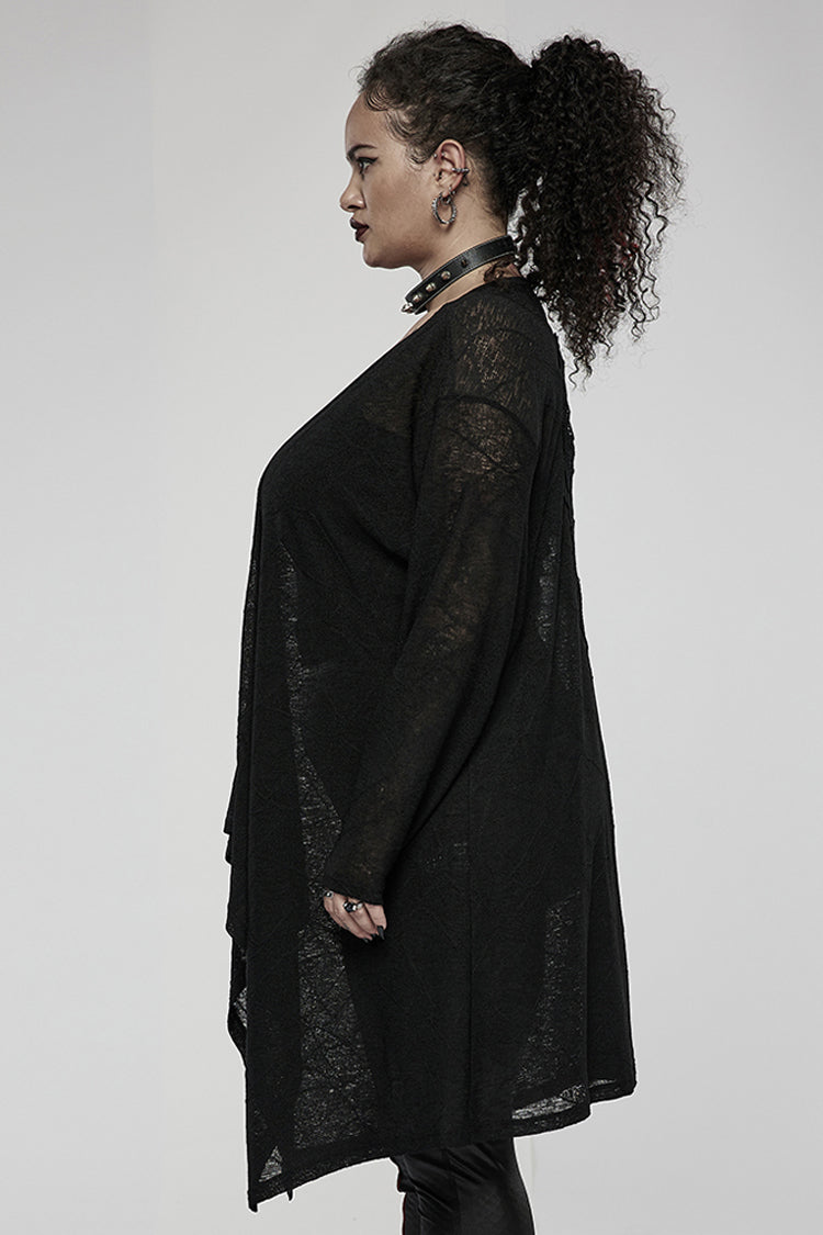 Charcoal Knit Asymmetric Jacket with Skull Back Print - Plus Size Goth