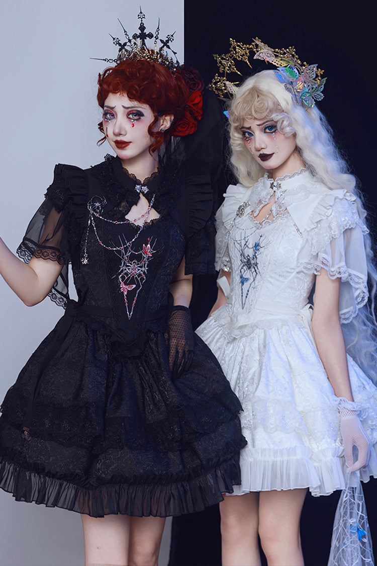 White Sleeveless Gothic Lace Skirt Set with Spider Bow