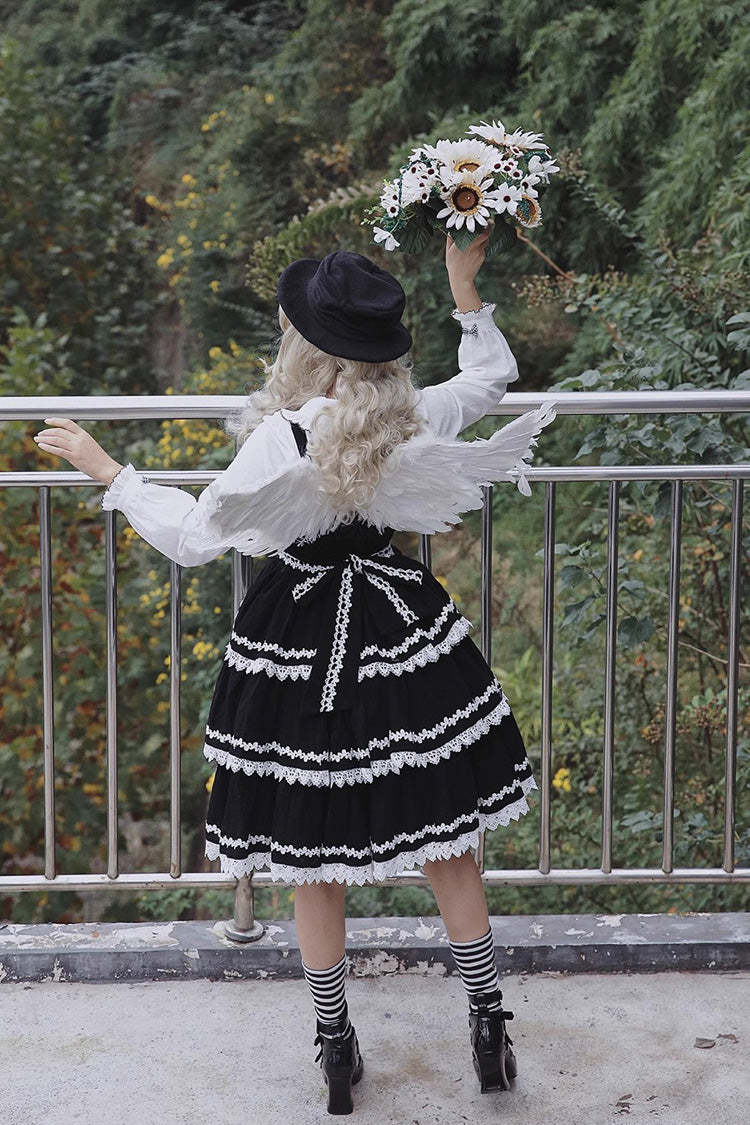 Black and White Three-Tiered Sweet Lolita Dress with Ribbon and Sleeveless