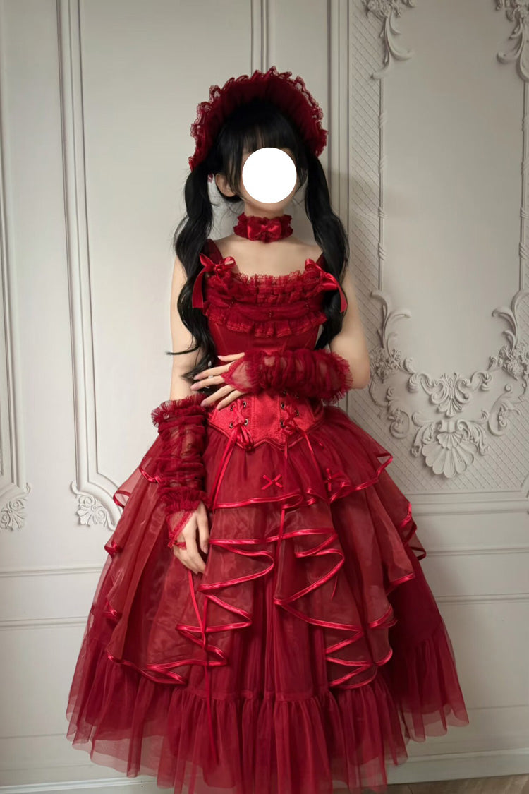 Scarlet The Summer Waves Sparkle Square Neck Sleeveless Multi-Layered Ruffled Bow Laced Slim Lolita Skirt Set