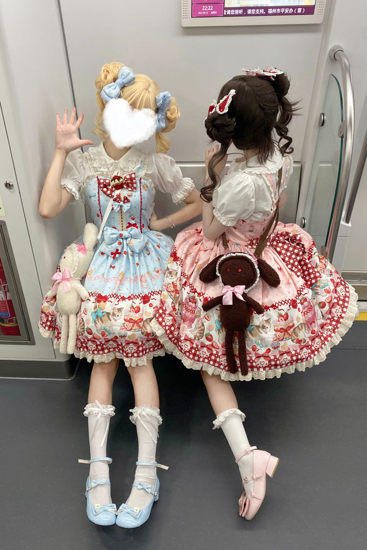 Strawberry Cake Kitty Sleeveless Printed Bow Lace Sweet Strap Dress