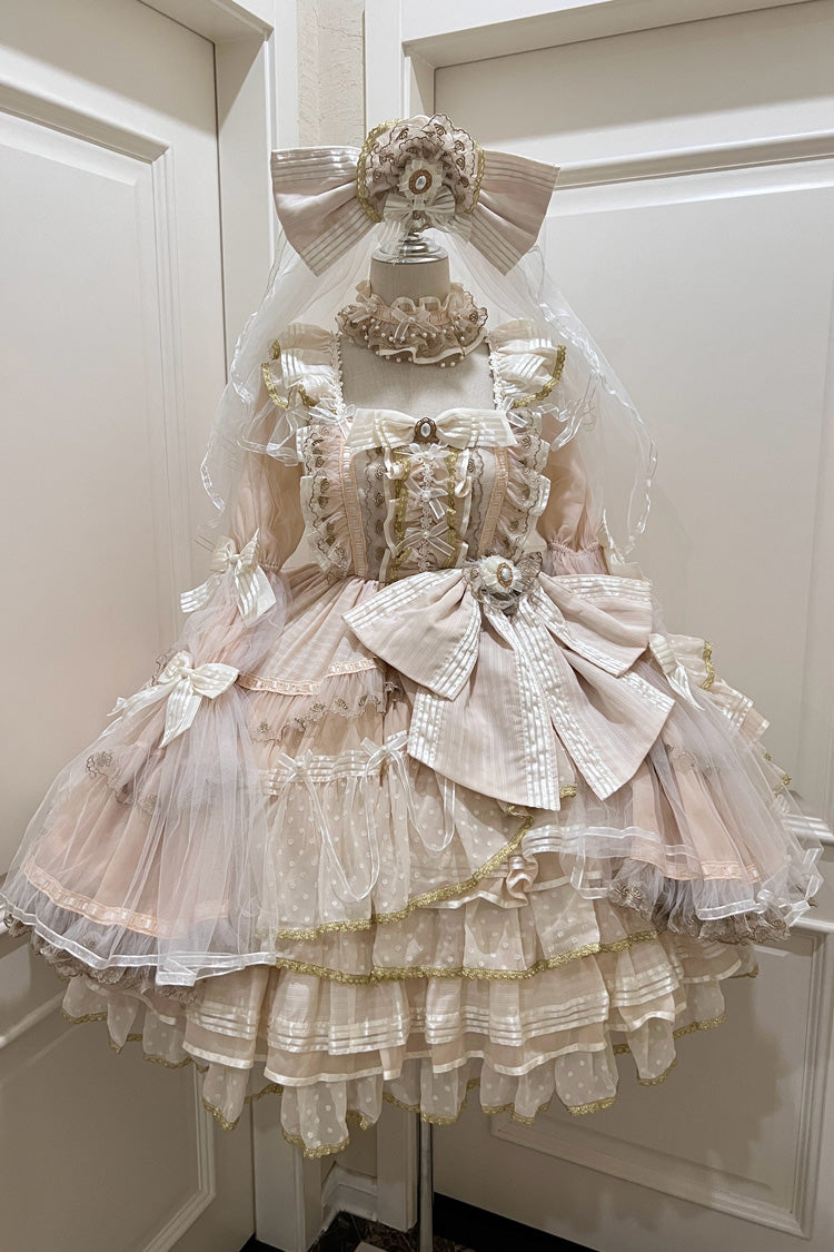 Apricot Coronation Long Trumpet Sleeve Layered Bow Lace Gorgeous Set