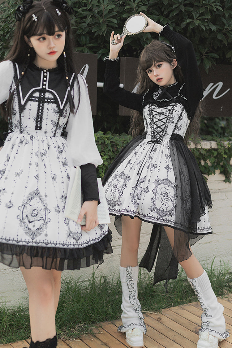 Black White Lace Ruffled Butterfly Magic Print Gothic OP