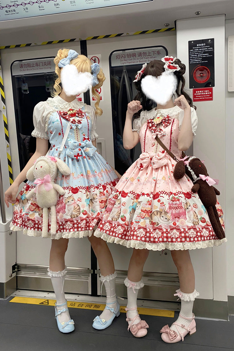 Strawberry Cake Kitty Sleeveless Printed Bow Lace Sweet Strap Dress
