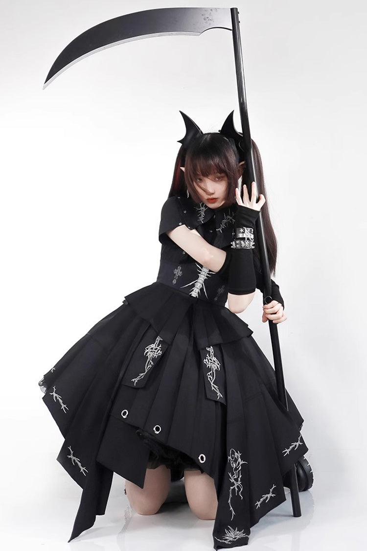 Nocturnal Rose Print Short-Sleeve Elegant Gothic JSK Dress