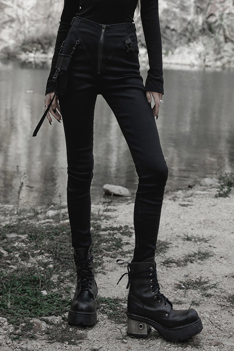 Punk Functional Tooling Pocket Belt V-Split Zipper Women's Trousers