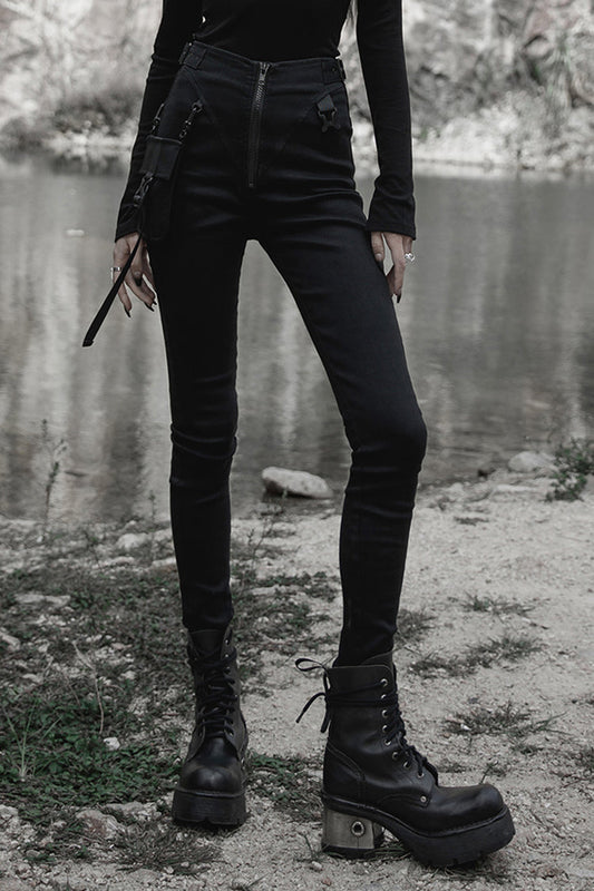 Punk Functional Tooling Pocket Belt V-Split Zipper Women's Trousers