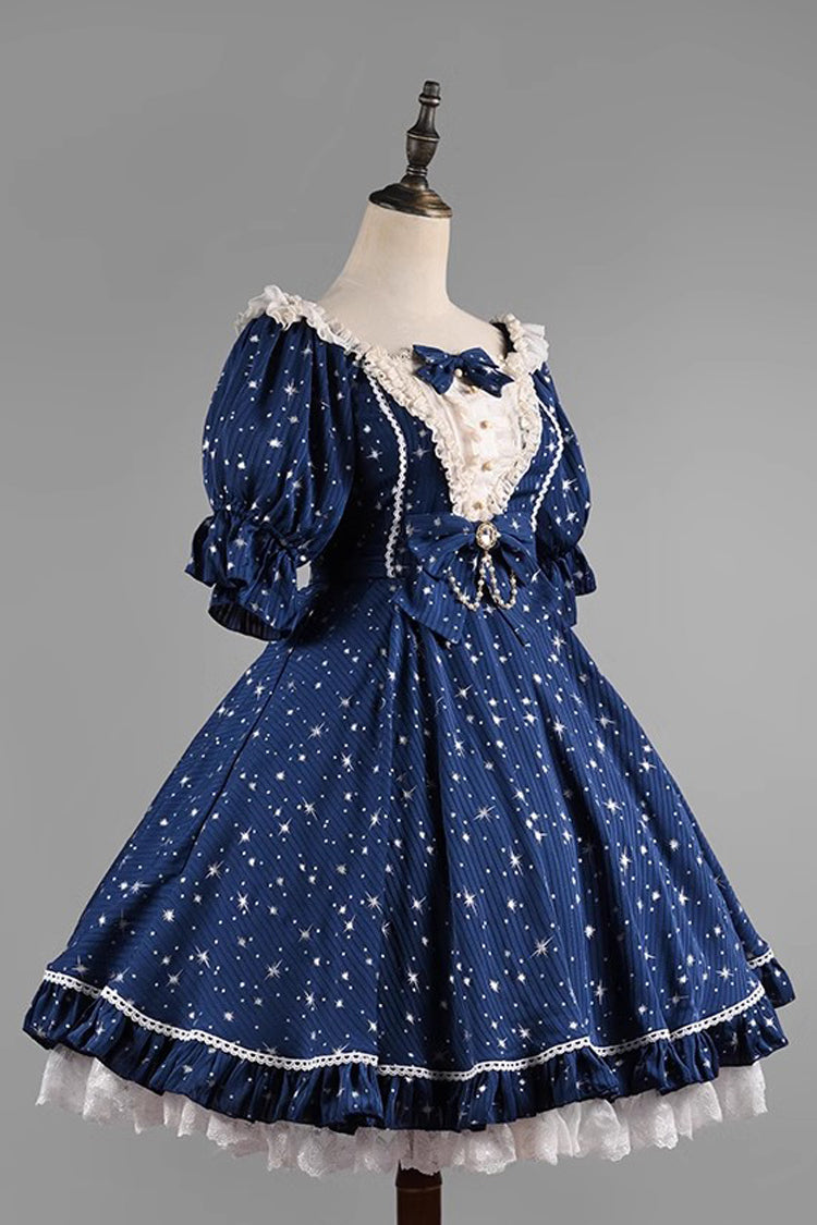 Star Print Short-Sleeved Ruffled Bowknot Sweet OP