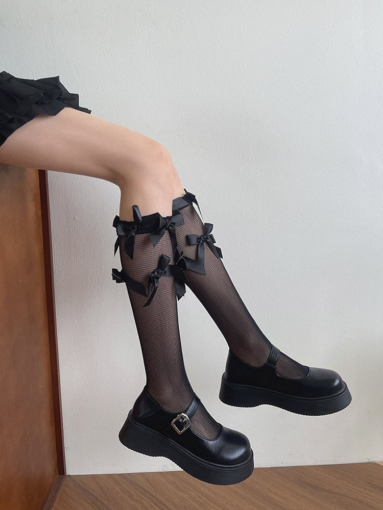 Stockings Underknee Details Bowknot Semi-sheer White/Black