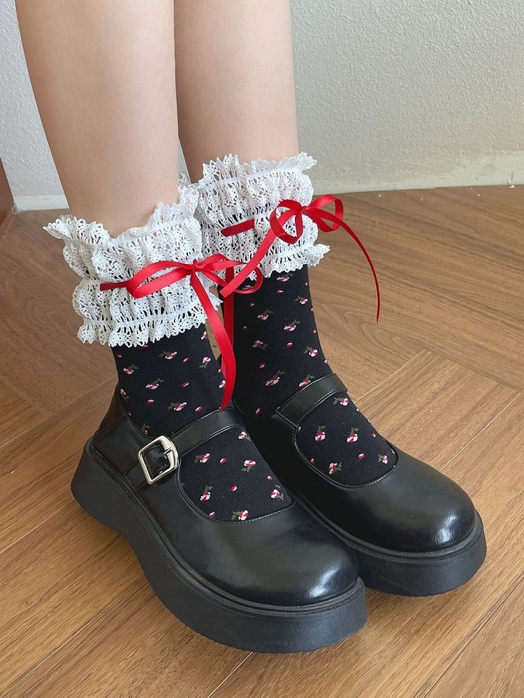 Details Trim Bowknot Black/White Socks Lace Calf Floral Pattern