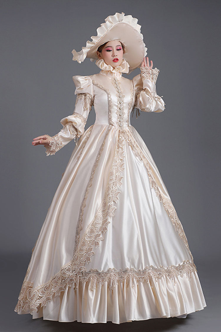 Champagne Victorian Gown with Ruffled Long Sleeves - Court Style