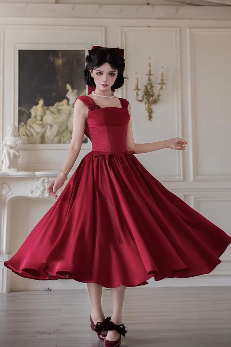 Crimson With Love Square Neck Sleeveless Fishbone Vintage Elegant Lolita Jumper Dress Ensemble