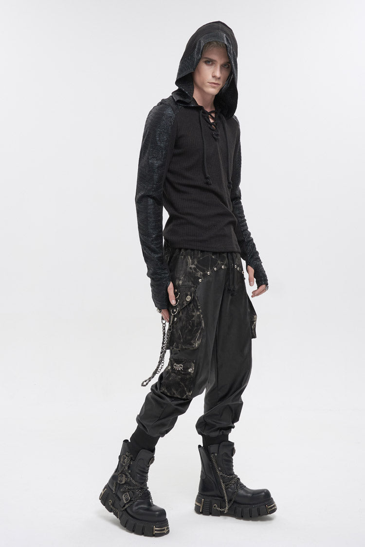 Dark V-Neck Knit Hooded Punk Tee with Tether Design