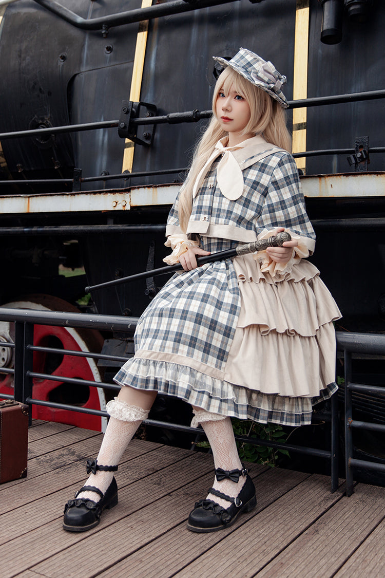 Sweet Lolita Strap Dress with Asymmetric Ruffle, High Waist, Grey/Blue Morning Tune