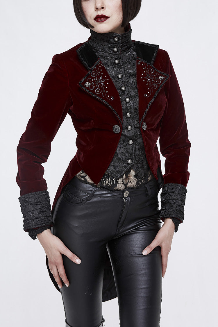 Crimson Noir Brocade Collar Embroidered Metal Stud Velvet Swallowtail Gothic Coat