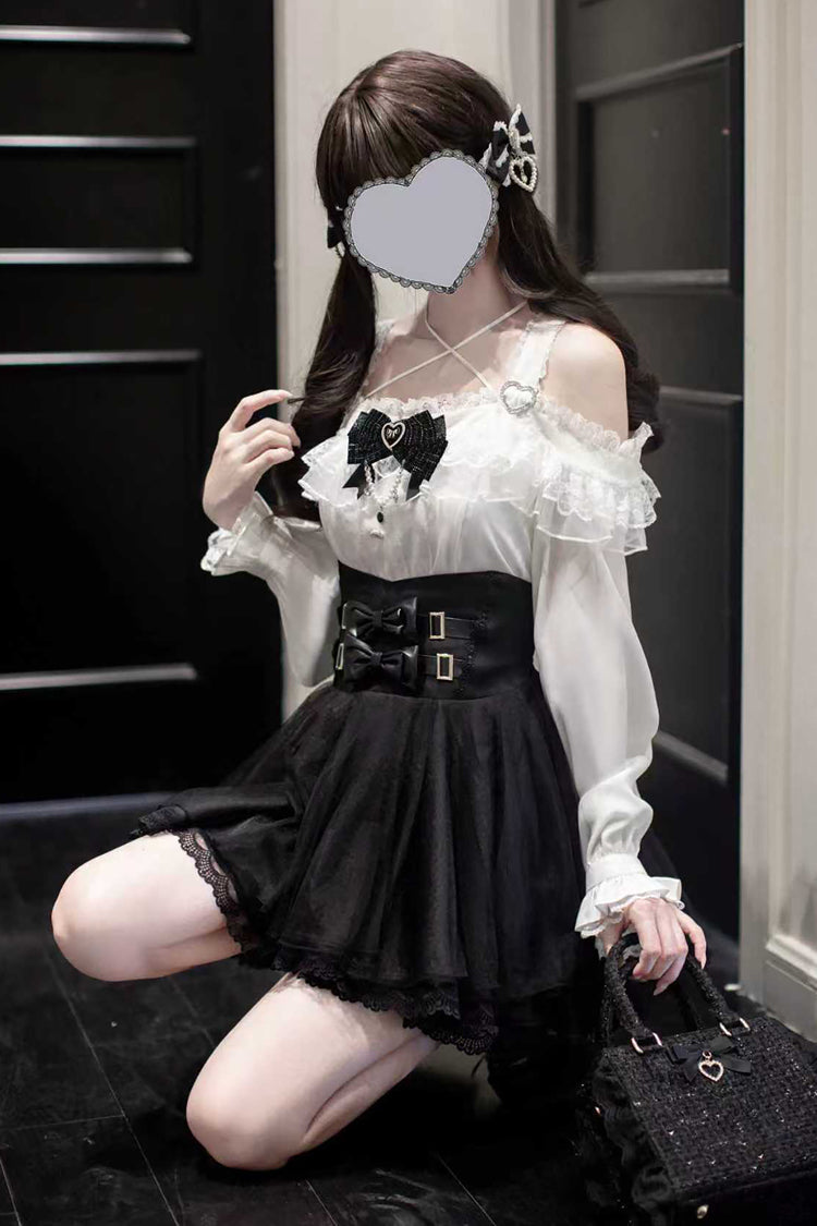 Black Solid Color Bow Sweet Jirai Kei Skirt