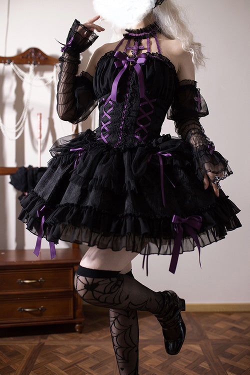 Purple-Trimmed Sleeveless Bow Ruffled Layered Lolita Gown