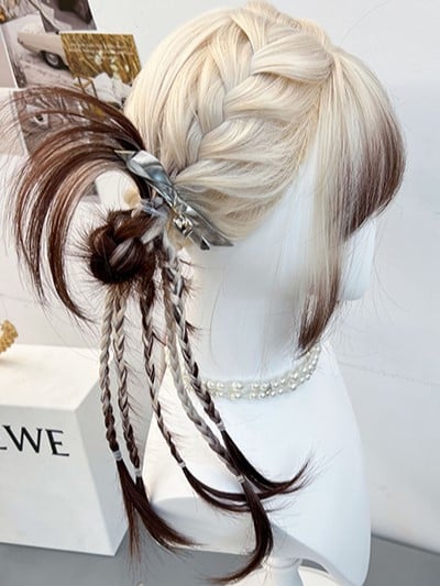 And Wig With White Hair Ombre Brown Synthetic Color Full Bangs Braided
