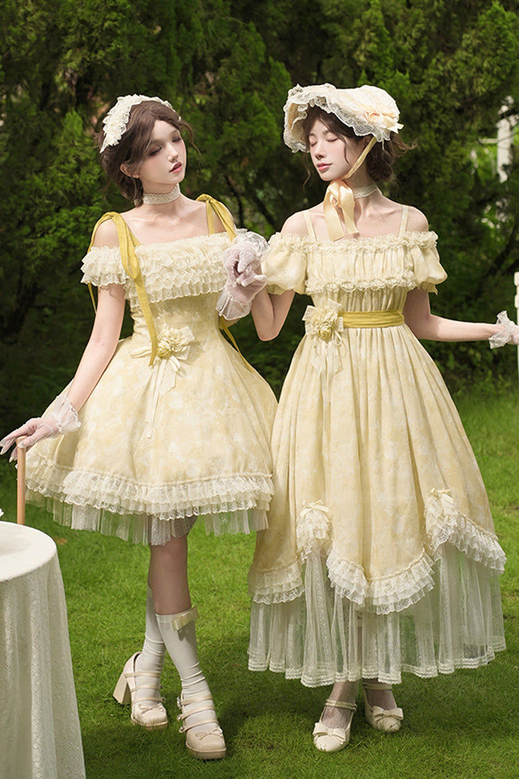 Golden Square Collar Short Sleeve Printed Ruffle Lace Sweet Elegant Long Gown - Falling Flowers as a Message