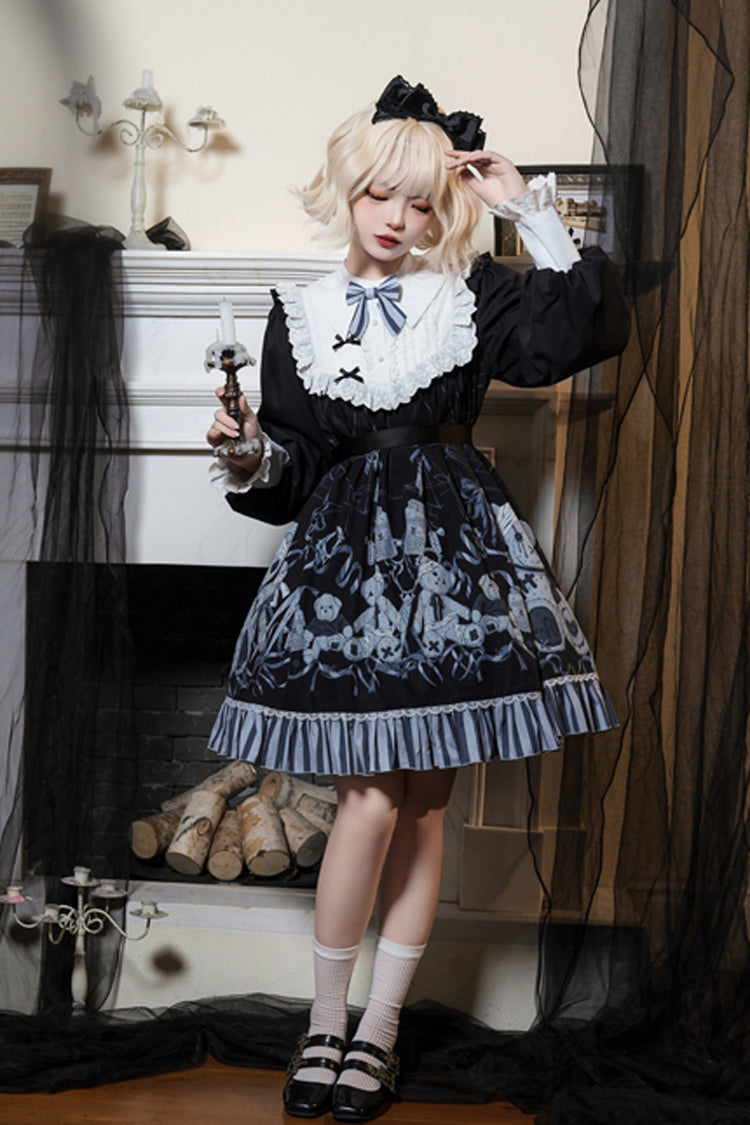 Black Bandage Bear Print Long Sleeves Ruffle Bow Lace Gothic Dress