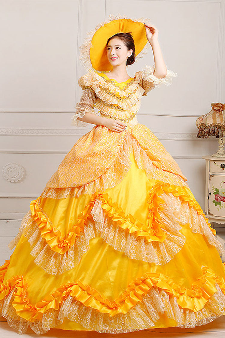 Yellow Lace Victorian Gown - High Waisted Ruffled Multi-Layer
