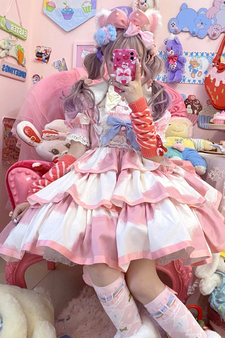 Pink Sleeveless Triple Layer Cow Print Ruffle Bow Sweet Jsk