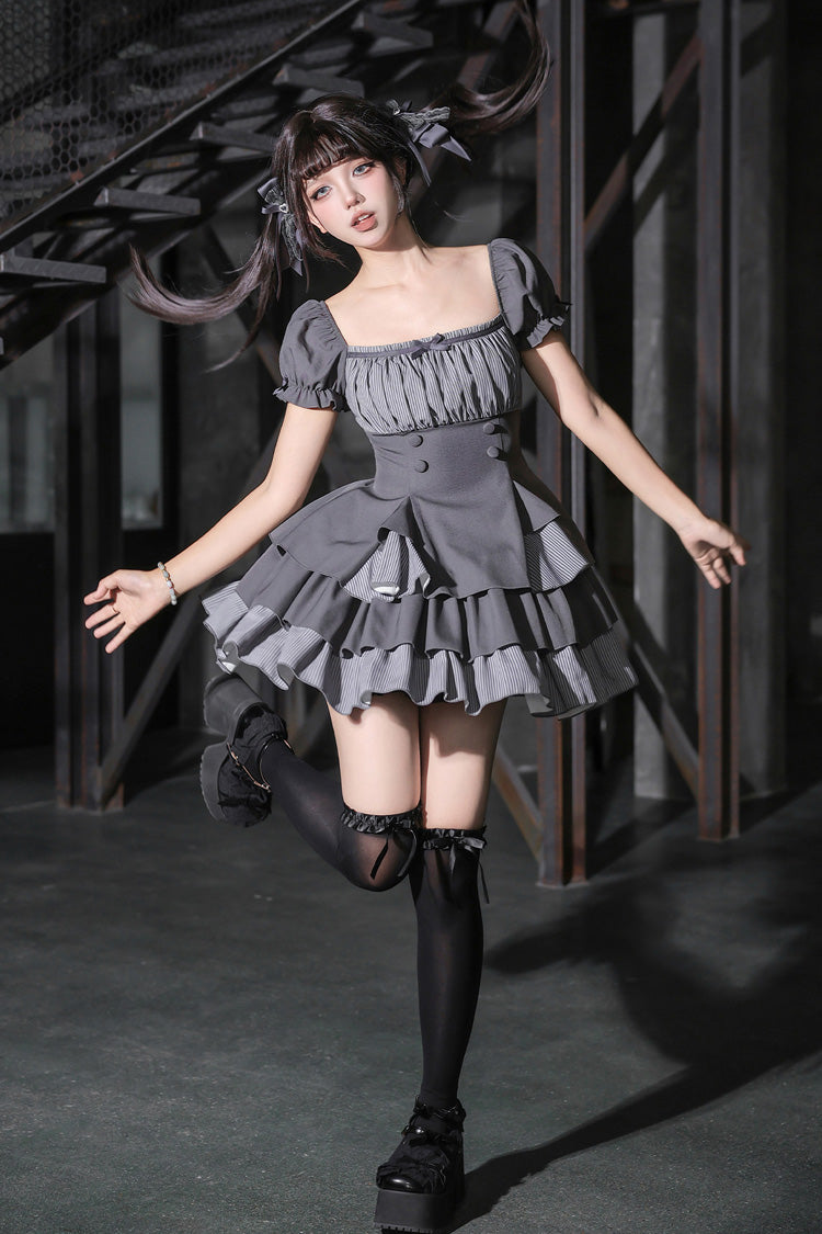 Halterneck Square Collar Ruffled Lolita Dress Set - Black/Grey