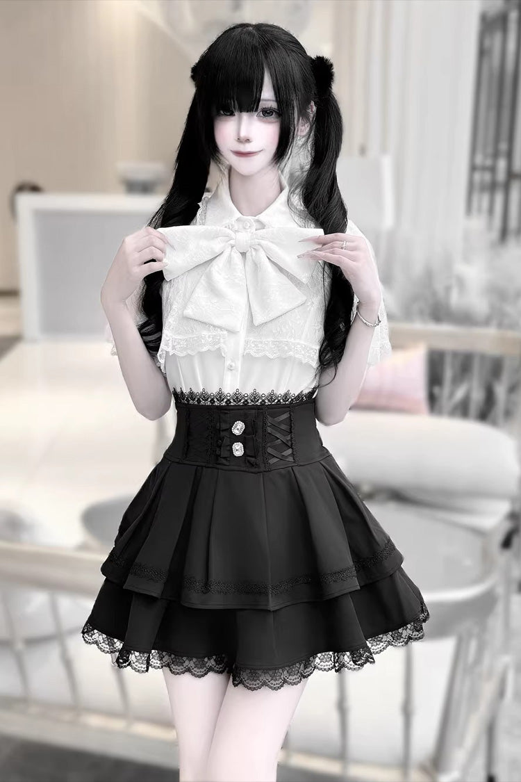 Gothic Embroidered Ruffled Top and Skirt Set with Lace-Up - Dark Moon Shadow
