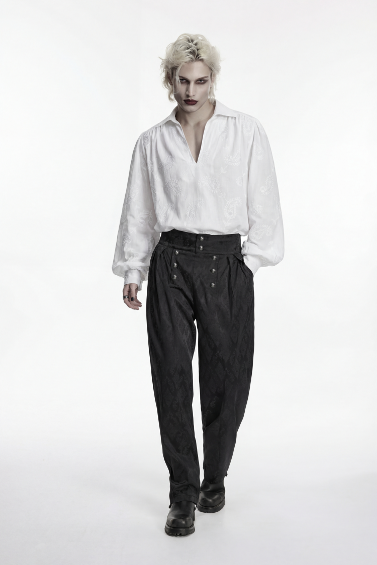 Ivory Embroidered Gothic Shirt with Lantern Sleeves and Print